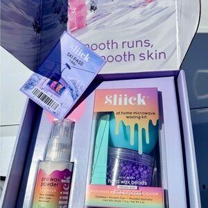 Sliick Pre- wax powder, Hard wax beads, Reusable cup, and Reusable applicator.